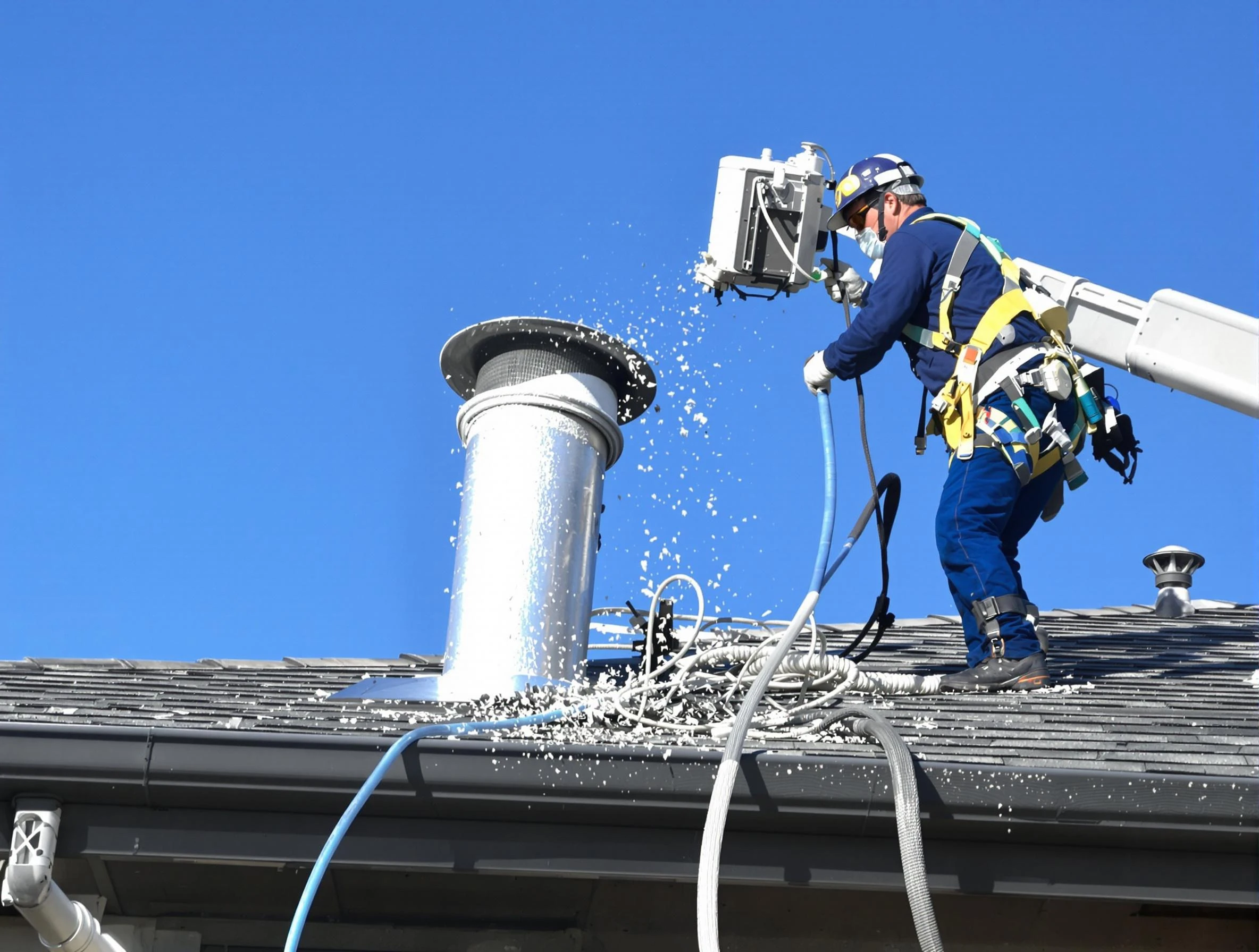 Middleborough Dryer Vent Cleaning certified technician safely cleaning a roof-mounted dryer vent in Middleborough